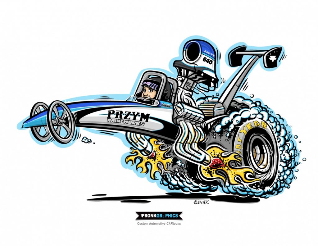Hotrod cartoon dragster illustration. © Timothy Pronk www.pronkgraphics.com