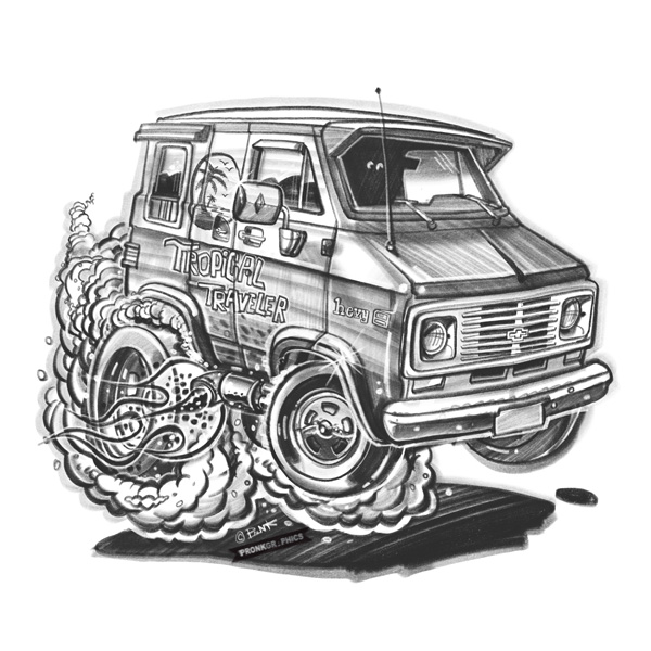 Hotrod Cartoon - 1973 Chevy Van - Tropical Traveler - ©Timothy Pronk